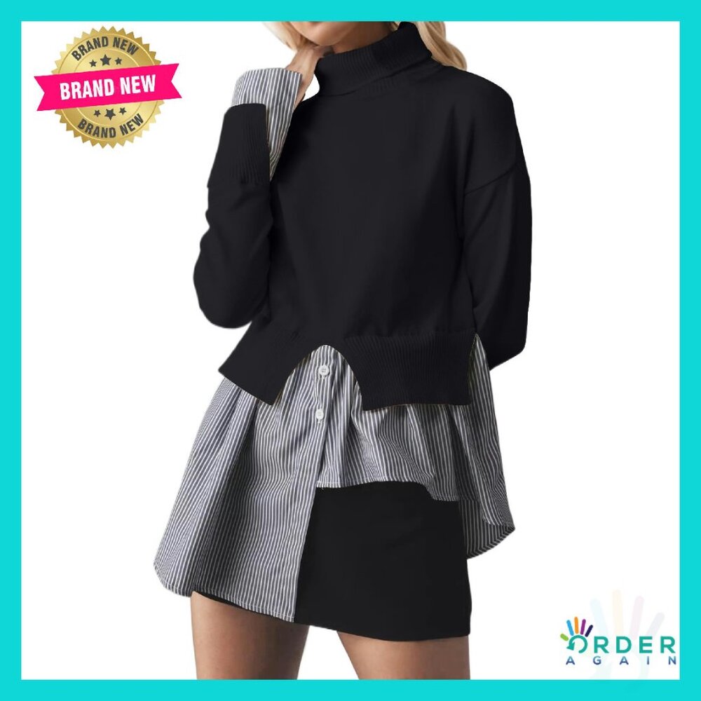 Slit Turtleneck Patchwork Sweater Asymmetrical He… - image 1